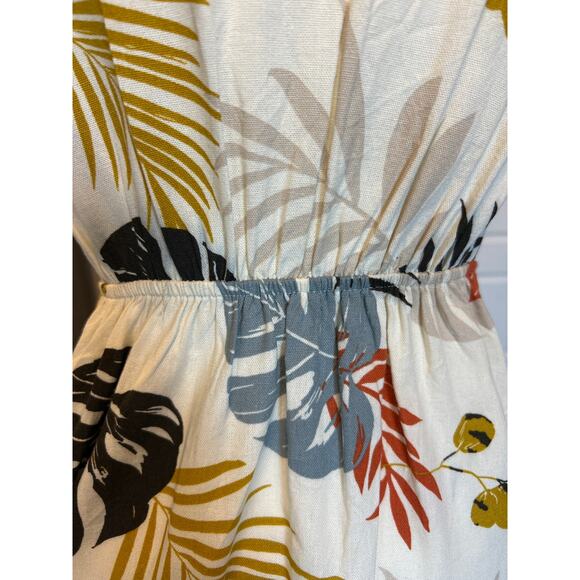 Monteau | Cream Linen Blend Floral A Line V Neck Button Front Dress | XS - Picture 12 of 14